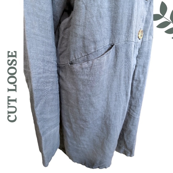 Cut Loose Blue Button-Front Linen Jacket Front Pockets Drawstring Back Large - Picture 4 of 9